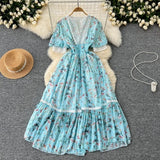 Fongt Dress Women's Summer High-End Feeling V-Neck Lace Splicing Bubble Sleeves To Close The Waist Of The Chopped Snowy Dress