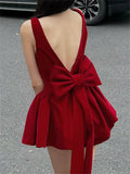 Red Velvet Open Back Bow Mini Dress-Outfit