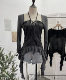 Dark Tidal Irregular Hanging Neck Tie With Hollow Spliced Niche Pads On The Shoulder With Long-Sleeved T-Shirt