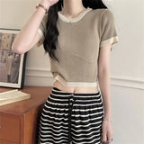 Fongt Clamming Color Splicing T-Shirts For Women's New Summer Fashion Slimming Thin-Sleeved Ice Silk Short-Sleeved Top
