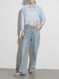 Fongt Stripe Retro See-Out Top Embroidery 2024 Autumn New Shirt Lace Female Short Style Advanced Sense-Outfit