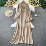Fongt Wind Leisure Two Sets Of Women Loose Outside Thin Long-Sleeved Shirt Cover Skinny Sling Dress