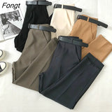 Women Harem Pants High Waist Loose Formal Elegant Office Lady Solid Straight Trousers Ankle-length With Belt Pants Spring