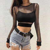 Fongt Summer Women's Solid Color Sexy Hollow Grid Bottom T-Shirt Top Women's Hair-Outfit