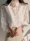 Petal Sleeve Lace Blouses Women Hollow Out Patchwork Stand Collar Shirts Ladies Top White Flower Blouse Female Blusas