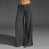 Fongt 2023 ZANZEA Vintage Elegant Wide Leg Pants Women's Summer Trousers Button Front Zip Turnip Causal Turnip Pantalon 7 1127-0-Outfit
