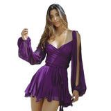 Fongt Women's New Solid Color Temperament Casual Mesh Long Sleeve Strap Bare Back Repair Short Dress