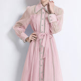 Fongt Light Luxury Tidive Lace Splicing Single-Ditch Lantern Sleeve Dress Female Waist Temperament Elegant Dress