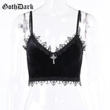 Dark Mall Gothic Harajuku Velvet Camis Black Lace Trim Emo Alternative Aesthetic Crop Tops Women Backless Sexy Strap