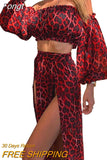 Sexy Skirt Sets Summer Fall Vacation Women Temperament Leopard Strapless Puff Sleeve Crop Top Split Skirt Women's