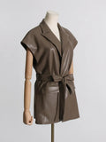 Fongt 2024 New Fashion Retro Handsome Lapel Belt Waist Show Thin Pu Vest Long Folded Vest-Outfit