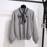 Ladies Elegant Two Pieces Set Korean Bow Collar Long Sleeve Knitted Sweater Top And Black A-line Midi Skirts