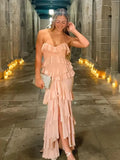 Pink Layered Ruffles Strapless Maxi Dress-Outfit