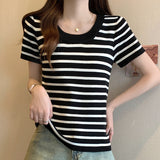 New Summer Style Xiaoxiangfeng Spliced Striped Short-Sleeved Knitted Cedar Thin Ice Silk T-Shirt-Outfit