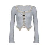 Square Collar Cross-Band Design Features Lace Stitching Pure Style Long-Sleeved T-Shirt 2023 Style-Outfit