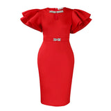 Fongt Summer Round Collar Lotus Sleeves Nailed Diamond Bag Hip Dress Party Party Emptiness Dress
