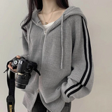 Vintage Striped Sleeve Hooded Zip Up Cardigan-Outfit