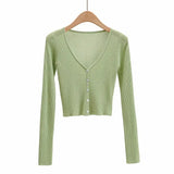 New V-Collar Single-Breasted Long-Sleeved Sunscreen Sweater Summer Hollowed-Out Leisure Air-Conditioning Blouse-Outfit