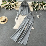 Fongt And Winter Solid Knitted Hooded Hooded Jersey Blouse High Waist-Hanging Feeling Trousers Casual Two Sets Of Women