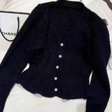 Sweater Women's 2024 Spring New French Lotus Leaf Hem Bubble Sleeve Blouse V Collar Knitted Sweater-Outfit