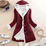 Women Casual Knit Ox Horn Button Coat Long Sleeve Sweater Cashmere Thick Warm Hooded Cardigan Coat Solid Comfy Knitwear Coat-Outfit