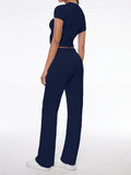 Short Sleeve Cropped Top Straight Leg Pants Set-Outfit