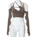 Dark Cyber Y2k Techwear Punk Women Halter Tops Gothic egirl Patchwork Long Sleeve Crop Top Sexy Cut Out Casual
