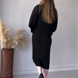 Fongt 2023 New Fashion Solid Color Hollow-Out Round Collar Top Casual Knit Skirt Suit-Outfit