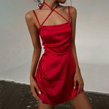 Fongt 2023 New Net Color Cross Hanging Neck Sling Sexy Dress