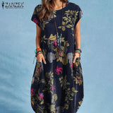 ZANZEA Summer Woman Vintage Dress Bohemian Floral Printed Holiday Casual Robe Vestidos O-Neck Short Sleeve Knee-length
