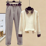 Winter Warm Matching Suits For Womens Knitted Sweater+parkas Vest+tweed Pants Sets Office Ladies Elegant Three Pieces