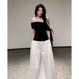 Fongt Beautiful Wearing A Suit Girl Little Hot Girl A Word On The Shoulder Wearing White Broad Leg Pants A Complete Set