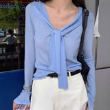 Fongt Atmosphere] Temperament Wool Niche Gentle Round Collars On The Shoulder Of The Small Knitted Shirt With Long-Sleeved Knitted Shirt
