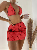 2022 New Marble Printed Mesh Three-Piece Short Skirt Swimsuit