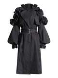 Fongt Sister Wind 2024 Autumn New Advanced Sense Fold Splicing Bubble Sleeve Closed Waist Long Solid Color Coat Windbreaker-Outfit