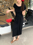 Fongt Xixi 2025 Spring New Korean Version High Waist Belt Design Sense Short-Sleeved Knitted Long Dress Women 88278