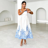 Fongt Women's Summer Fashion Printed Wave Dress With Sleeveless Backlace Sling Dress Woman