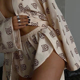 Fongt New Loose Print Women's Casual Tie Long Sleeve Pajamas High Waist Shorts Set Home Clothes-Outfit