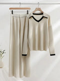 Knitted Sets Tracksuit Women V-Neck Long Sleeve Pullover High Waist Wide Leg Pants Casual 2 Piece Sets Womens Outfits-Outfit