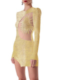 2023 Summer Women'S Luxury Beaded Design Long-Sleeved Celebrity Club Gold Black And White Mesh Sexy Mini Bandage