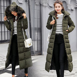 2024 Winter Tie Long Padded Clothes Korean Version Over The Knee Thick Warm Hooded Solid Color Big Wool Collar Down Cotton Suit-Outfit