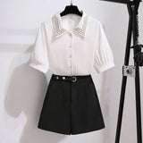 Women 2 Pieces Shorts Sets Summer Sweet Korean Bow Collar Tops And Shorts 2 Pieces Sets Women Clothing Two Pieces Outfits