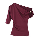 Fongt Women's ZA Explosion New Multi-Color Oblique Shoulder Design Side Top
