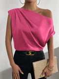 2024 Pure Satin Imitation Silk Irregular Sloping Shoulder Collar Sleeveless Shirt Women's Dress-Outfit