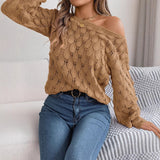 Real Shooting Autumn And Winter Leisure Feathers Hollow Word Collar Shoulder Lantern Sleeve Sweater Women's