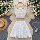 Fongt Girls Hollow Embroidery Suit Female Sling With Short Waist Vest + High-Waist A-Word Skirt Sexy Two
