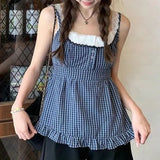 Summer Women's Wear Ins Online Celebrity Street Hot Girls New Plaid Fake Two Lace Folded Vests-Outfit