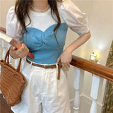 Splicing Two Knitted Short-Sleeved T-Shirt Spring 2025 New Women's Bubble Sleeve