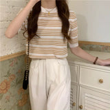 Fongt New Korean Version Of Simple Retro Slimy Loose T-Shirt Small Thin Striped Short-Sleeved Knitted Top