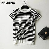 Sleeve Knit Pullover Tops Women Spring Summer Stripe Tshirts Korean White Black Knitwear Jumper Tee New